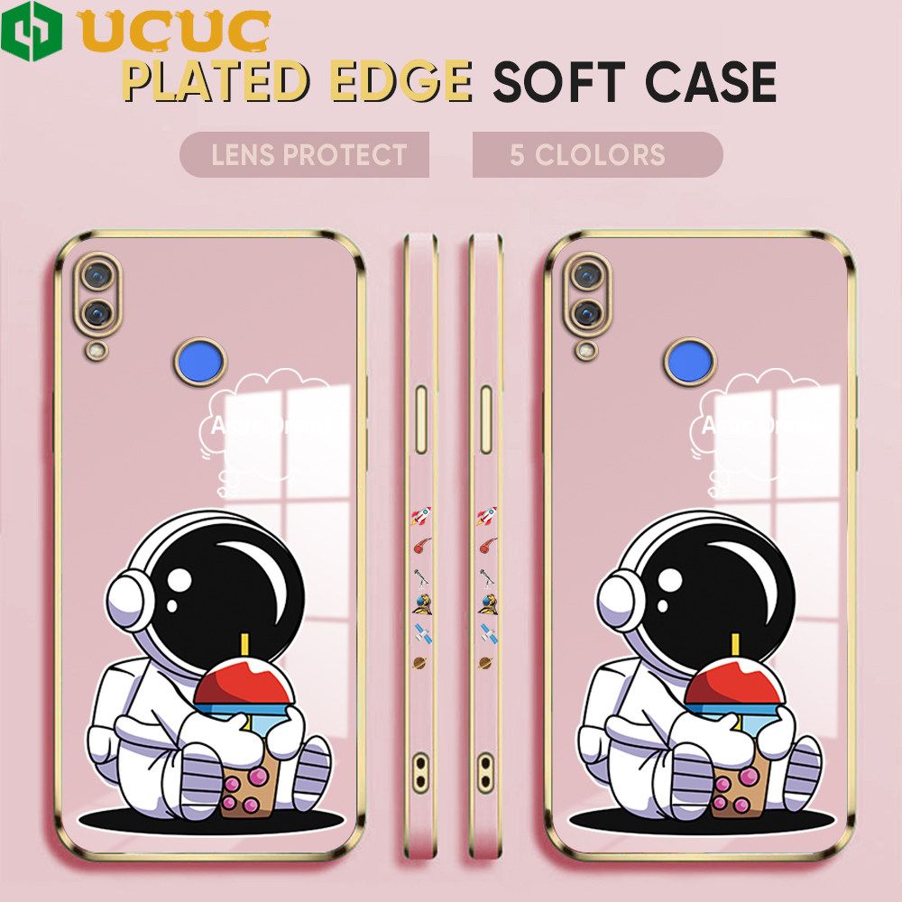 UCUC for Huawei Nova 3E / P20 Lite Back Cover + Free Lanyard Cute Astronaut Luxury 6D Plating Case Side Pattern Soft Silicone Square Phone Cases