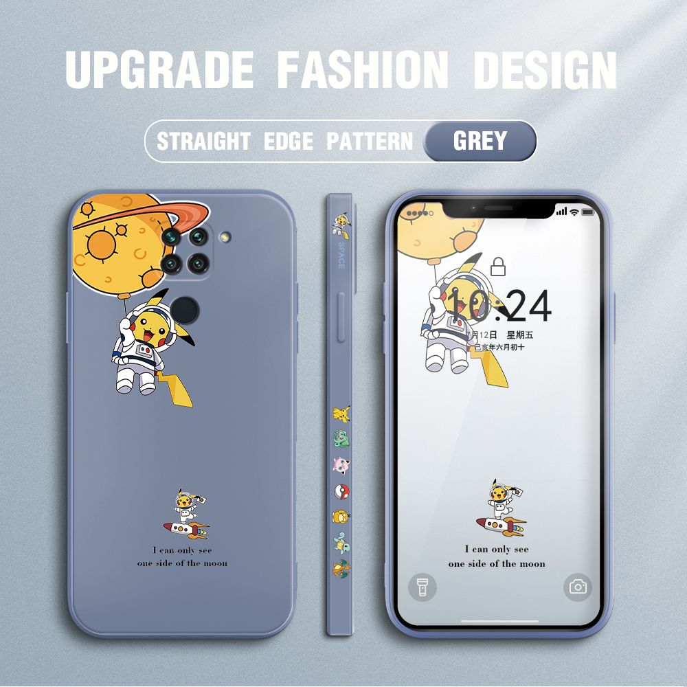Jizetin for Xiaomi Redmi Note 9 Case Side Design Phone Cover Cute Astronaut Pikachu Cover Square Edge Pattern Liquid Silicone Trend Case