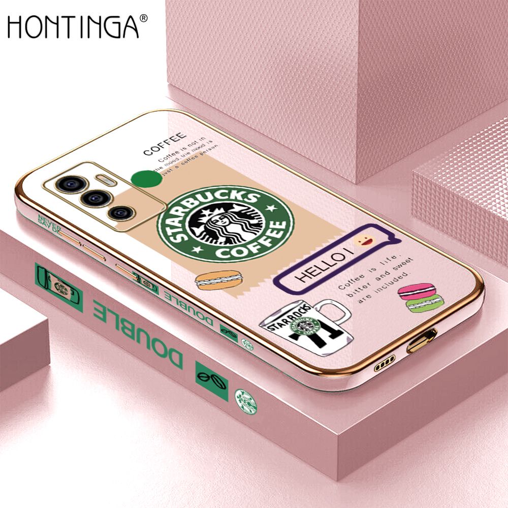 Hontinga for Vivo V23E 5G/4G Back Cover + Free Lanyard Luxury 6D Plating Fashion Coffee Side Pattern Case Soft Silicone Square Phone Cases