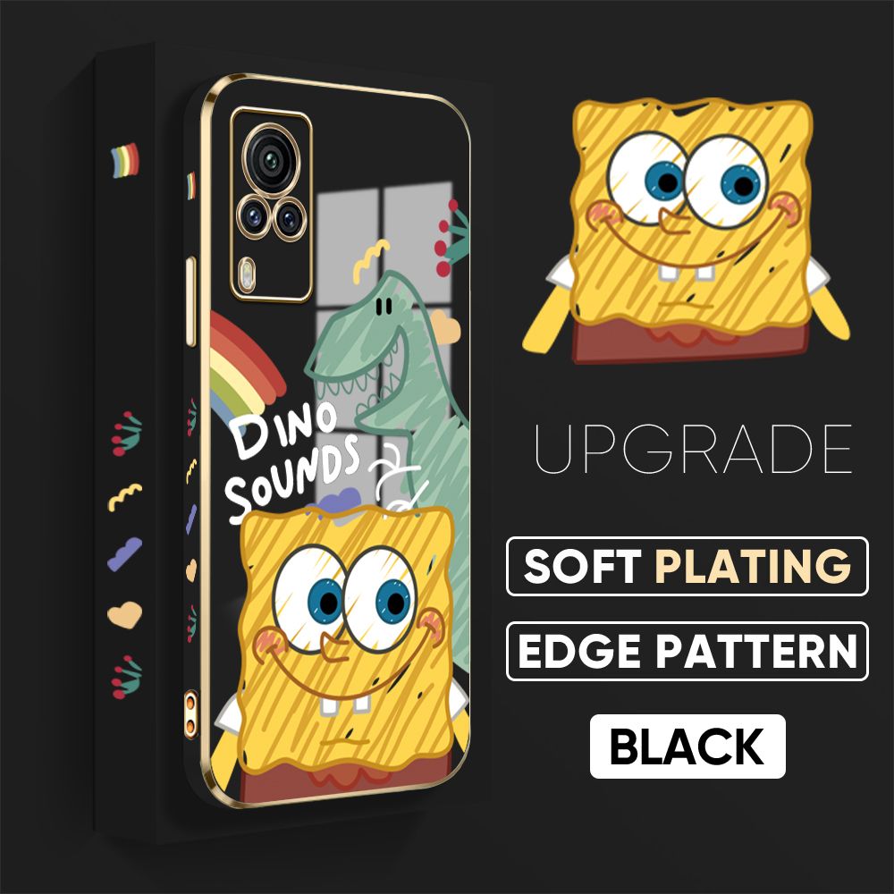 TA for Vivo X60 Pro Back Cover + Free Lanyard Sponge Dinosaur Luxury 6D Plating Case Side Pattern Soft Silicone Square Phone Cases