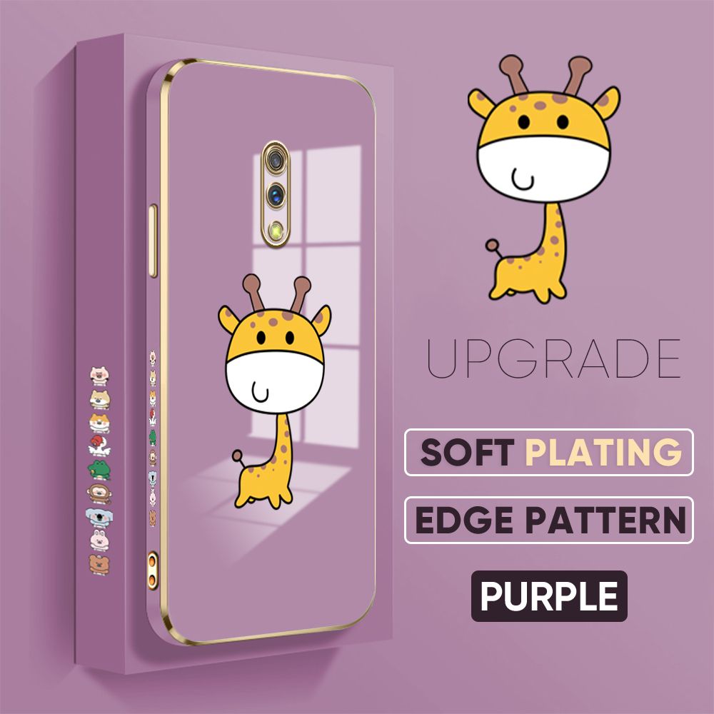 Jizetin (Free Lanyard) Realme X Cover Big Head Giraffe Luxury 6D Plating Soft Casing Silicone Square Frame Phone Case Shiny Bling Back Cover