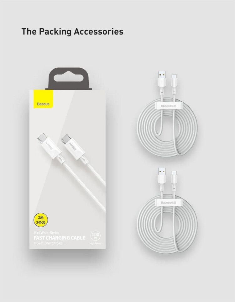 BASEUS Simple Wisdom Data Cable Kit 1.5m USB to Type-C 5A [2PCS/SET] - White