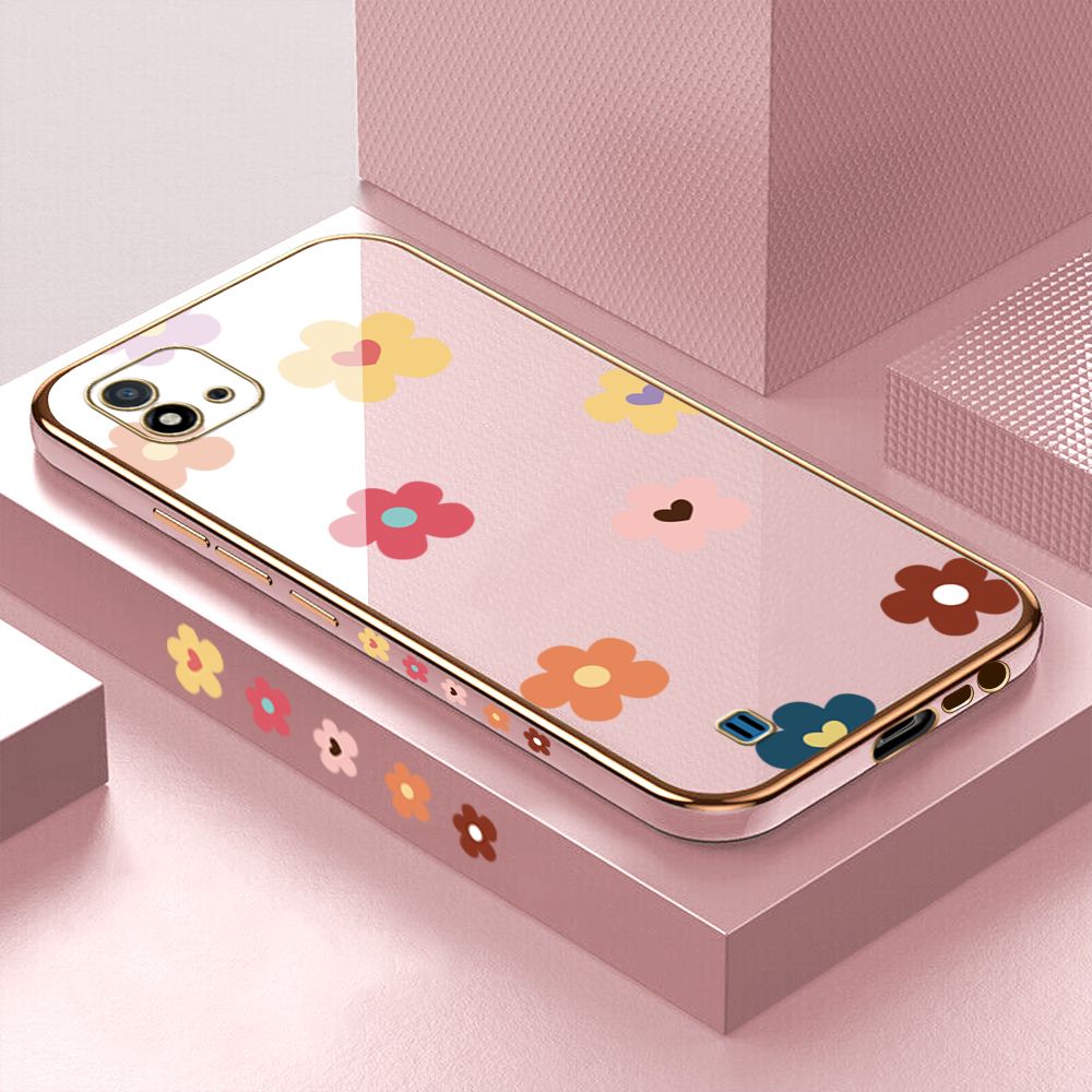 Luxury 6D Plating Case for Realme C20 C20A Color Cartoon Flowers Side Pattern Back Cover Soft Silicone Square Phone Cases + Free Lanyard
