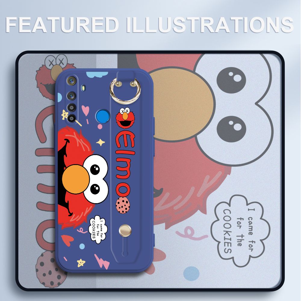 UCUC for Realme 5 Wrist Strap Case Creative Cartoon Red Haired Monster Cover Ultra Thin Anti Fall Liquid Silicone Phone Case