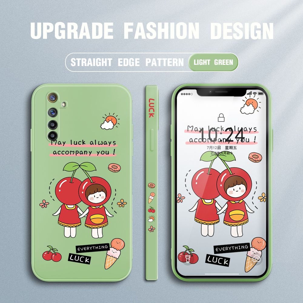 Jizetin for Realme 6 Case Fashion Cherry Girl Design Side Design Phone Case Square Edge Pattern Liquid Silicone Cases Full Cover Camera Shockproof Protective Case