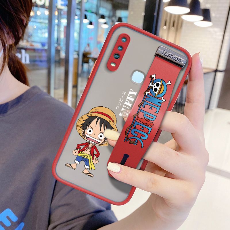 UCUC for Vivo Y15 Wrist Strap Case Anime One Piece Luffy Wristband Printing Cover Shockproof Frosted Phone Case