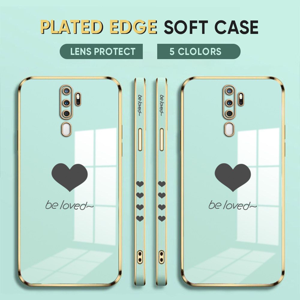 Luxury 6D Plating Case for OPPO A9 2020 Phone Cases Lover Heart Side Print Soft Silicone Square Back Cover