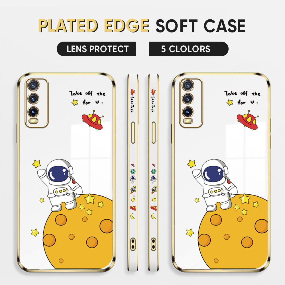 Luxury 6D Plating Case for Vivo Y20i Phone Cases Cute Cartoon Happy Astronaut Side Print Soft Silicone Square Back Cover