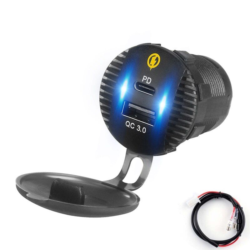Waterproof 12V 24V QC3.0 USB 18W Type C PD Fast Car Charger with Cable for SUV Car Boat Truck Marine Cellphone