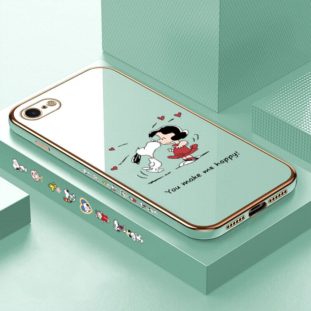 Luxury 6D Plating Case for iPhone 7 Happy Cartoon Puppy Side Pattern Back Cover Soft Silicone Square Frame Shiny Bling Phone Cases + Free Lanyard