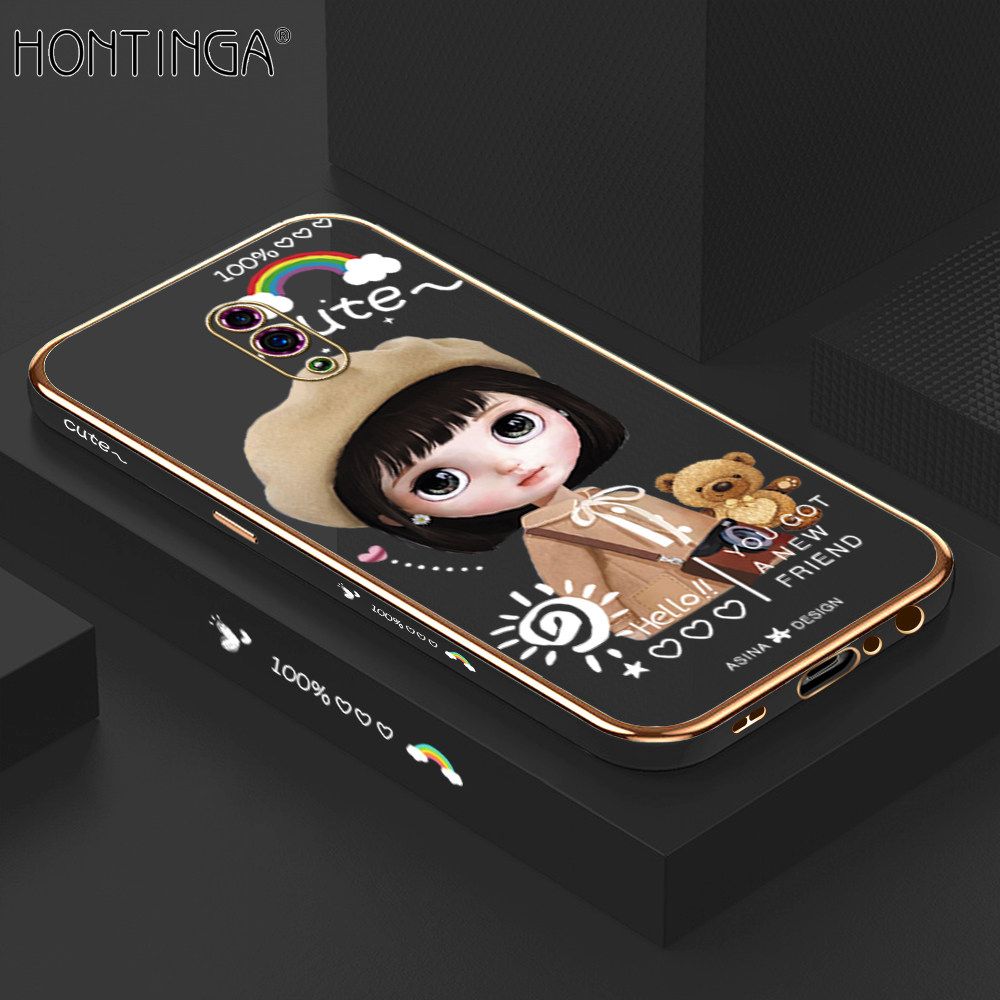 Hontinga for OPPO Reno Back Cover + Free Lanyard Luxury 6D Plating Cute Satchel Girl Side Pattern Case Soft Silicone Square Mobile Cover