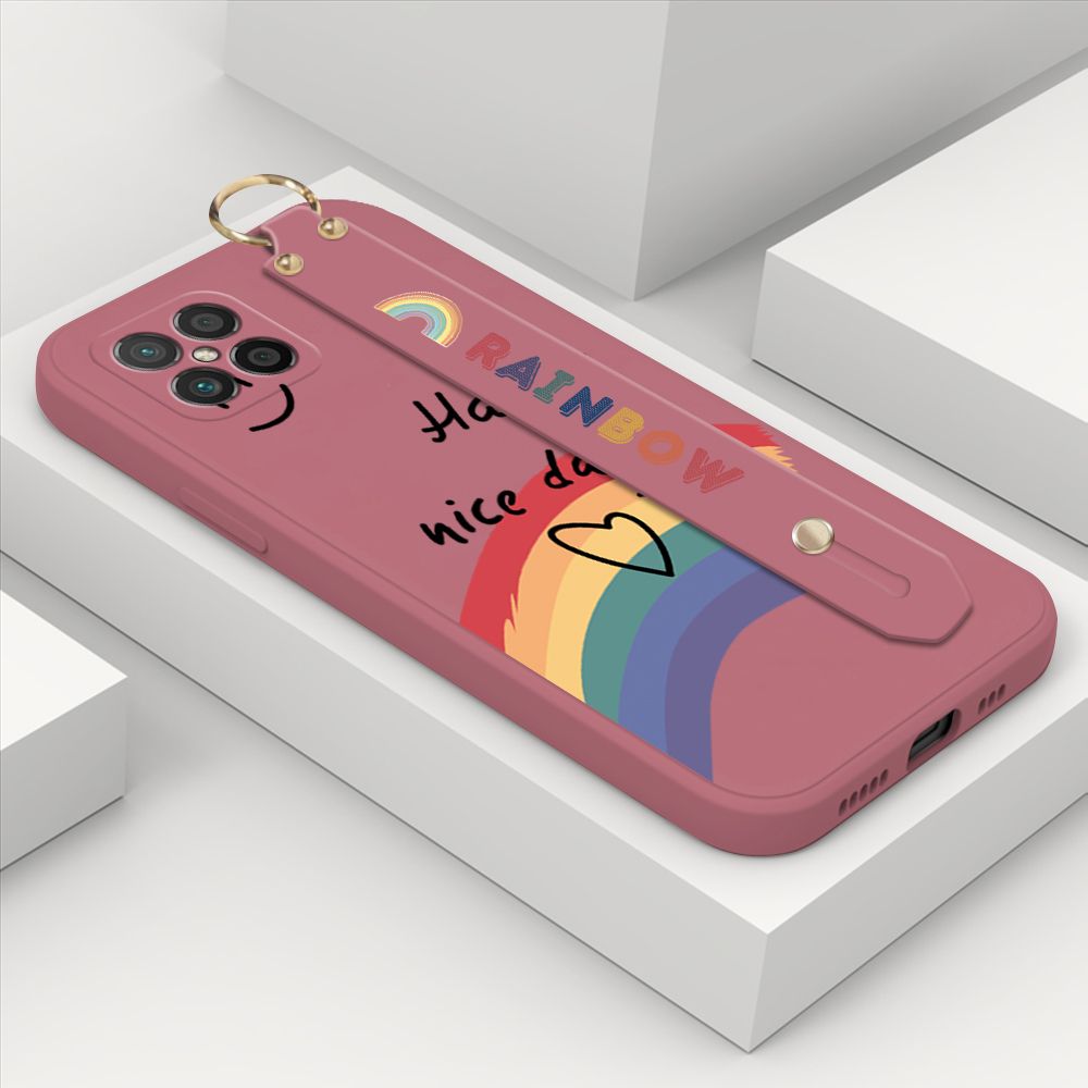 ZeroQiQi for Huawei Nova 8 SE Wrist Strap Case Lovely Graffiti Rainbow Smile Thin Phone Cover Square Edge Liquid Silicone Creativity Phone Case