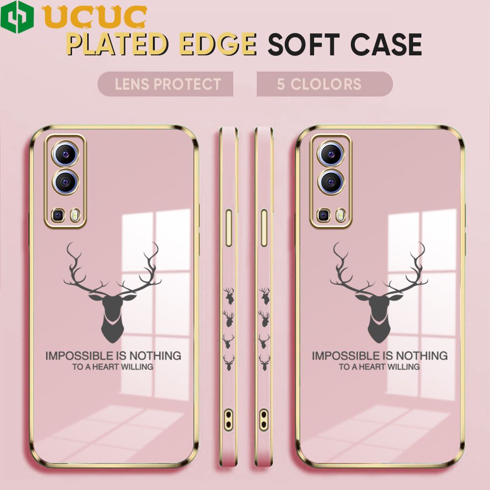 UCUC for Vivo Y52 5G / Y72 5G Back Cover + Free Lanyard Simple Antlers Luxury 6D Plating Case Side Pattern Soft Silicone Square Phone Cases