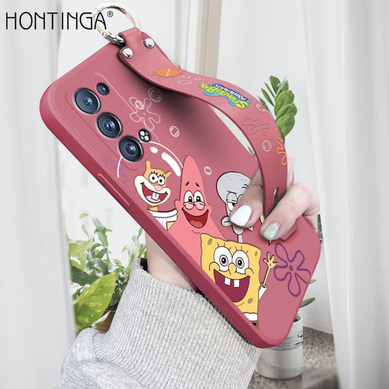 Hontinga for OPPO Reno6 Pro 5G Wrist Strap Case Cute Cute Funny Cartoon Sponge for Square Pants Cover Square Edge Liquid Silicone Anti-drop Phone Case