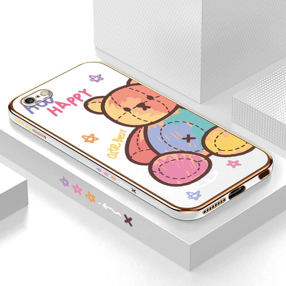 Luxury 6D Plating Case for iPhone 6S Plus Color Cartoon Doll Bear Side Pattern Back Cover Soft Silicone Square Frame Shiny Bling Phone Cases + Free Lanyard