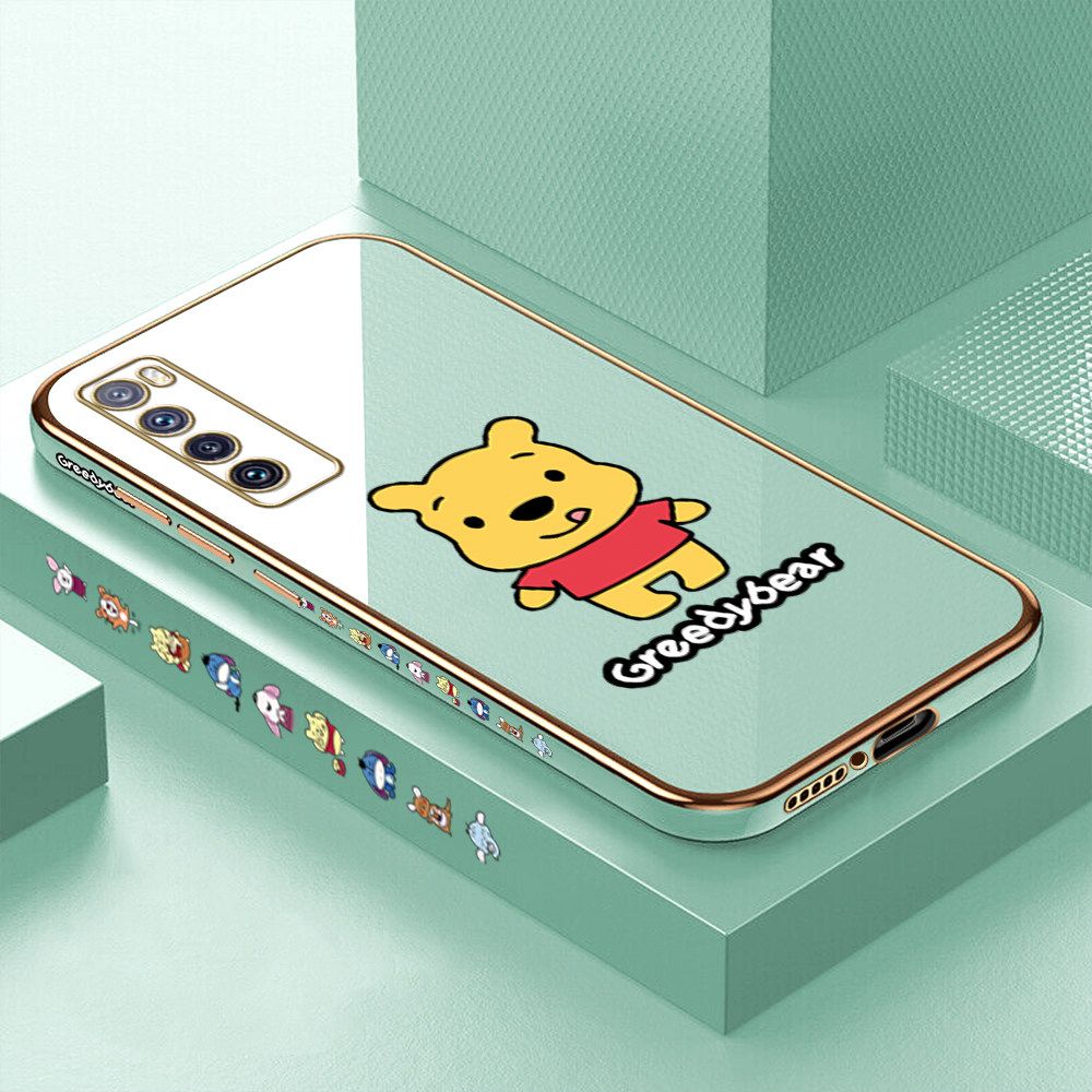 Luxury 6D Plating Case for Huawei Nova 7 Squirming Little Sweet Bear Side Pattern Back Cover Soft Silicone Square Frame Shiny Bling Phone Cases + Free Lanyard