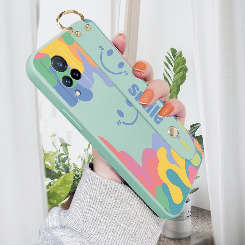 Jizetin for Vivo V21 Wrist Strap Case Soft Candy Color Splash Ink Cover Ultra Thin Anti Fall Liquid Silicone Phone Case
