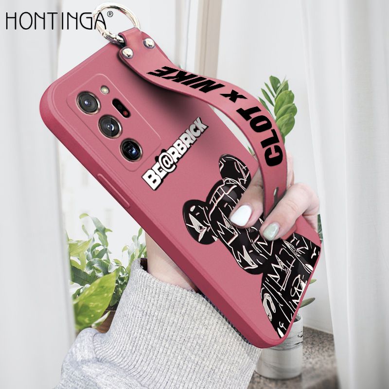 Hontinga for Samsung Galaxy Note 20 Ultra Wrist Strap Case Fashion Black Brand Bear Phone Case Square Edge Liquid Silicone Cases Full Cover Camera Shockproof Protection Cases