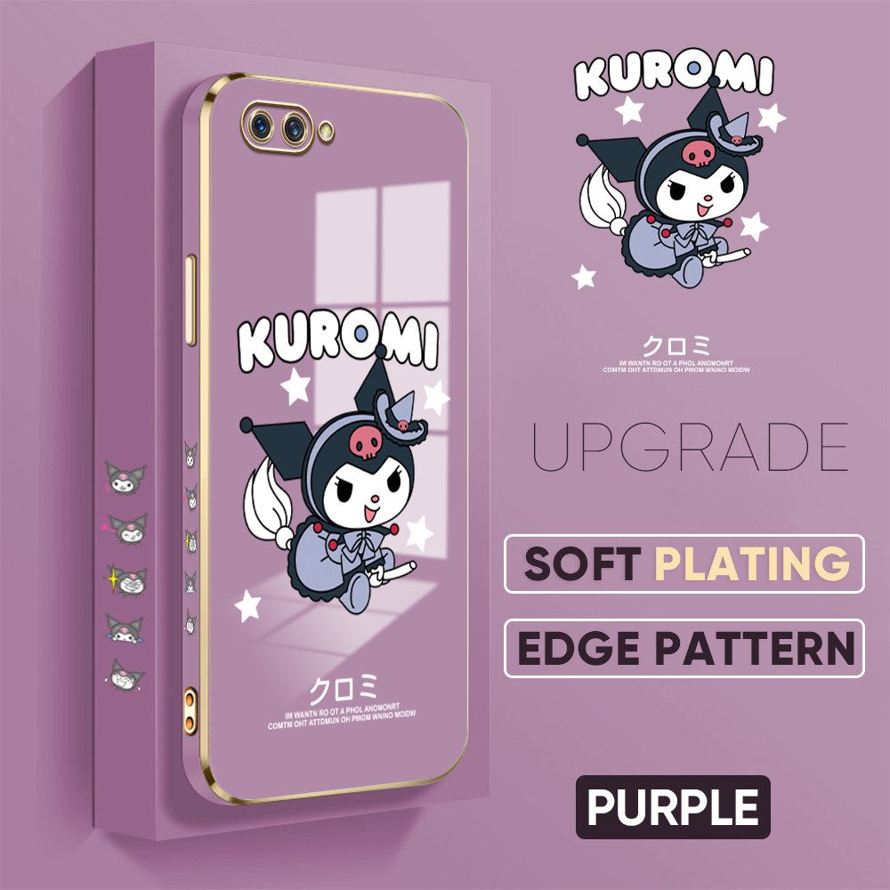 TA for OPPO A12E / A3S / Realme C1 Back Cover + Free Lanyard Cute Kuromi Luxury 6D Plating Case Side Pattern Soft Silicone Square Phone Cases