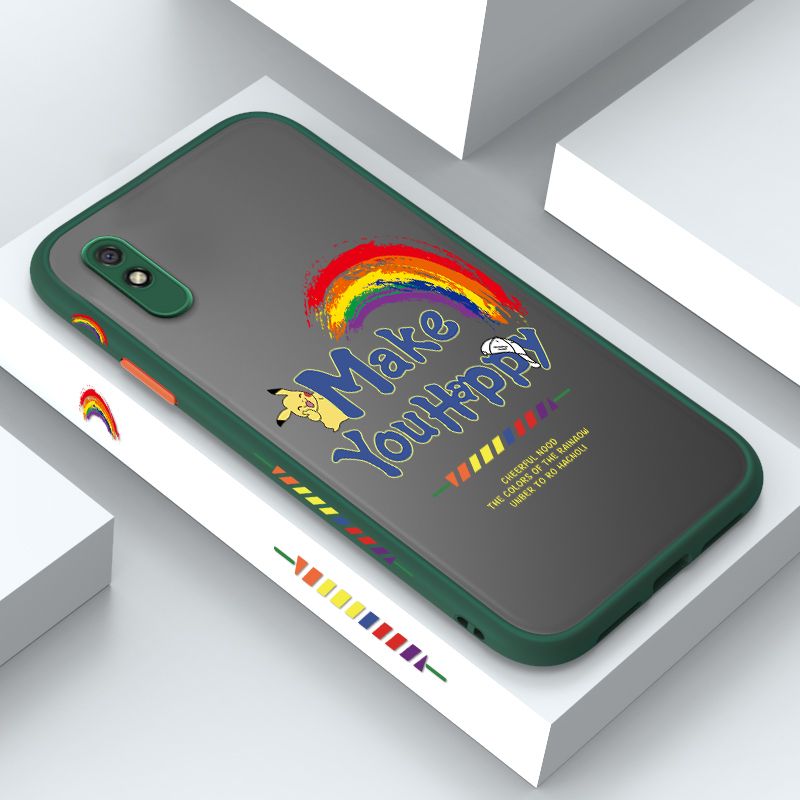 ZeroQiQi for Redmi 9A Case Creative Cartoon Rainbow Pikachu Side Printing Cover Frosted Ultra Thin Protective Anti Fall Phone Case