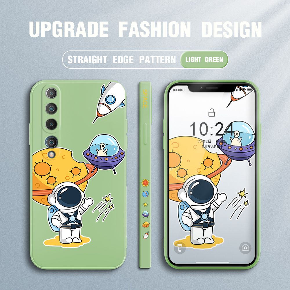 Jizetin for Xiaomi Mi 10 Case Side Design Phone Cover Moon Space Astronaut Cover Square Edge Pattern Liquid Silicone Trend Case