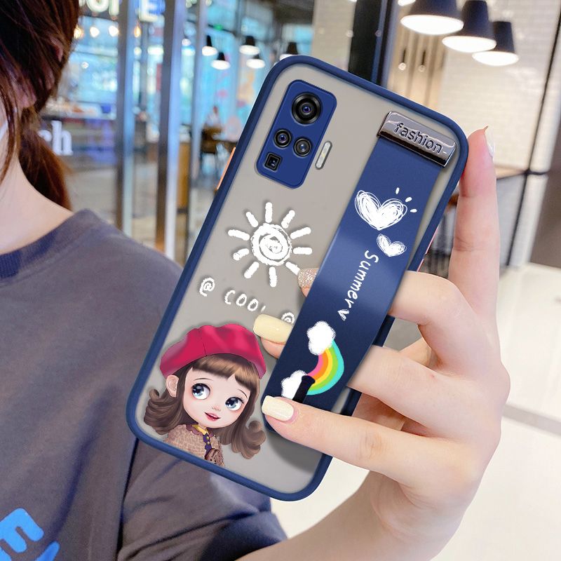 UCUC for Vivo X50 Pro Wrist Strap Case Lovely Cartoon Red Hat Girl Wristband Printing Cover Shockproof Frosted Phone Case