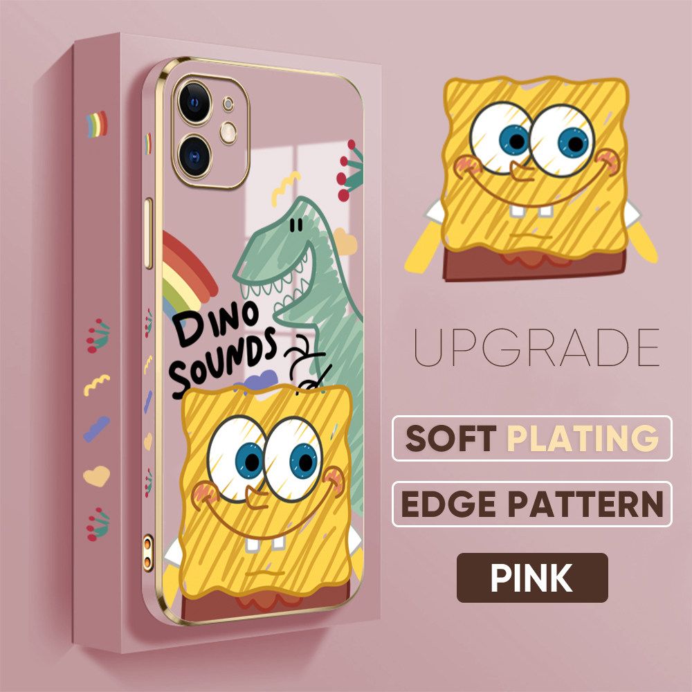 TA for iPhone 11 Back Cover + Free Lanyard Sponge Dinosaur Luxury 6D Plating Case Side Pattern Soft Silicone Square Phone Cases
