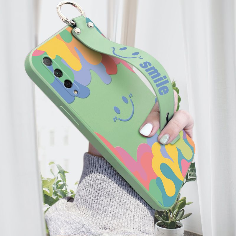 Hontinga for Huawei Y9S Wrist Strap Case Soft Candy Color Splash Ink Cover Trend Square Printed Pattern Liquid Silicone Phone Case