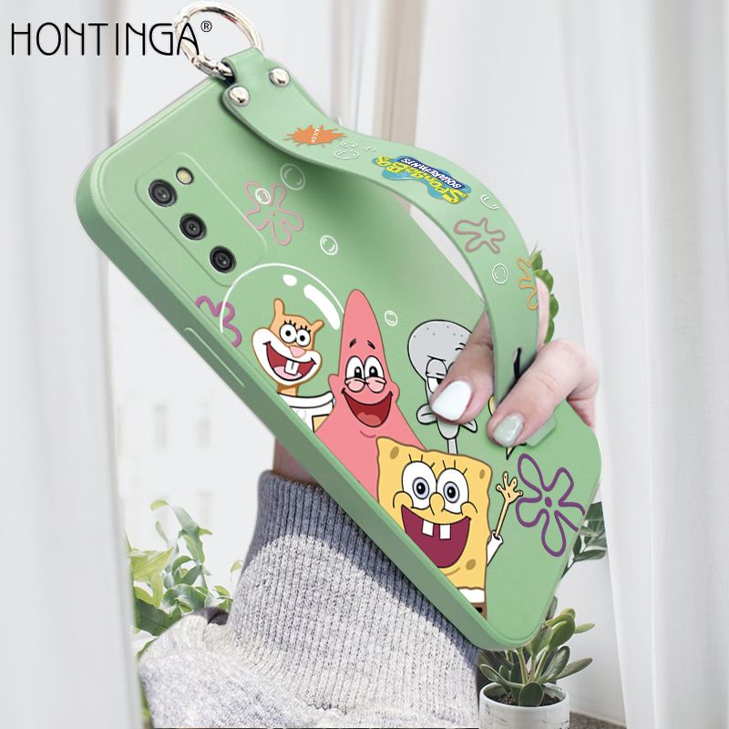 Hontinga for Samsung Galaxy A03S Wrist Strap Case Cute Cute Funny Cartoon Sponge for Square Pants Cover Square Edge Liquid Silicone Anti-drop Phone Case