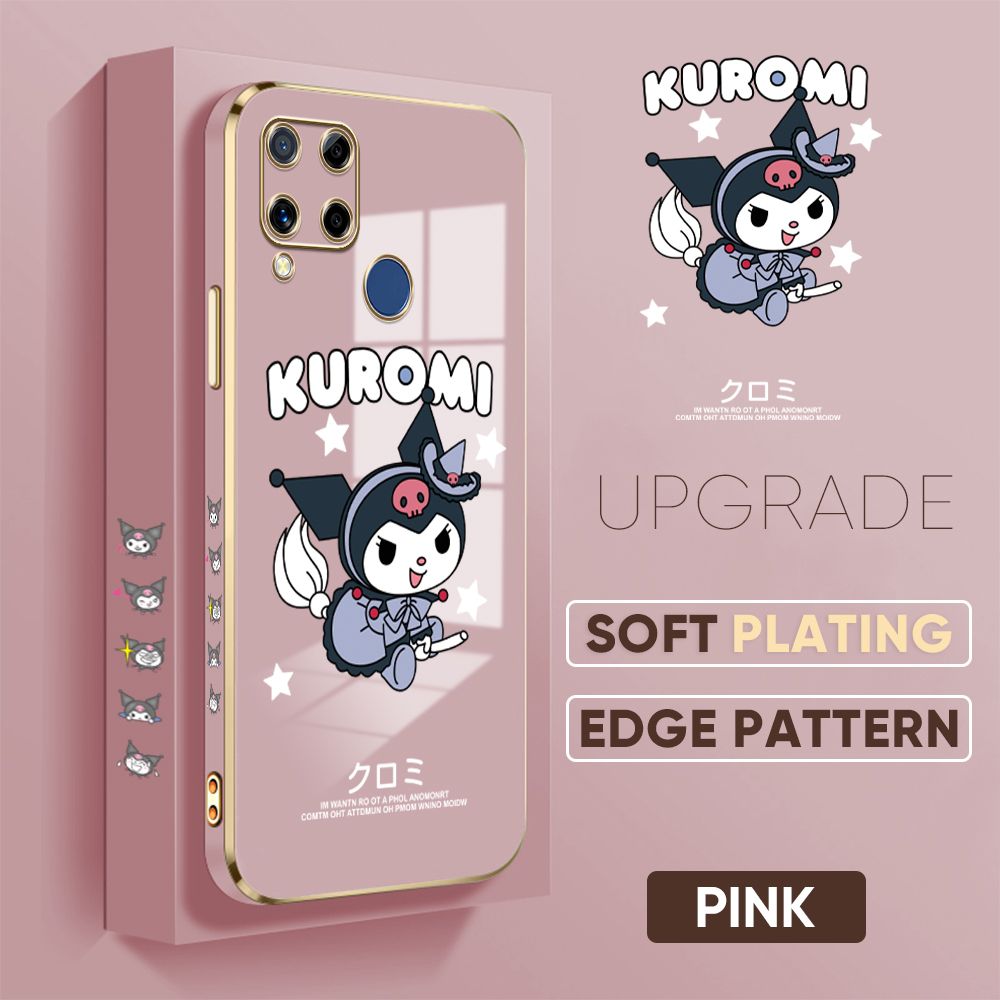 TA for Realme C15 / Realme C15 Qualcomm Edition Back Cover + Free Lanyard Cute Kuromi Luxury 6D Plating Case Side Pattern Soft Silicone Square Phone Cases