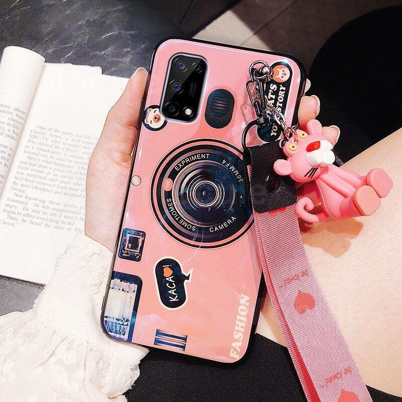 For Realme 7 Pro Cover + Wrist Lanyard & Cute Cartoon Doll Fashion Camera Pattern Slim Phone Case Soft TPU Silicone Shockproof Protective Back Cover