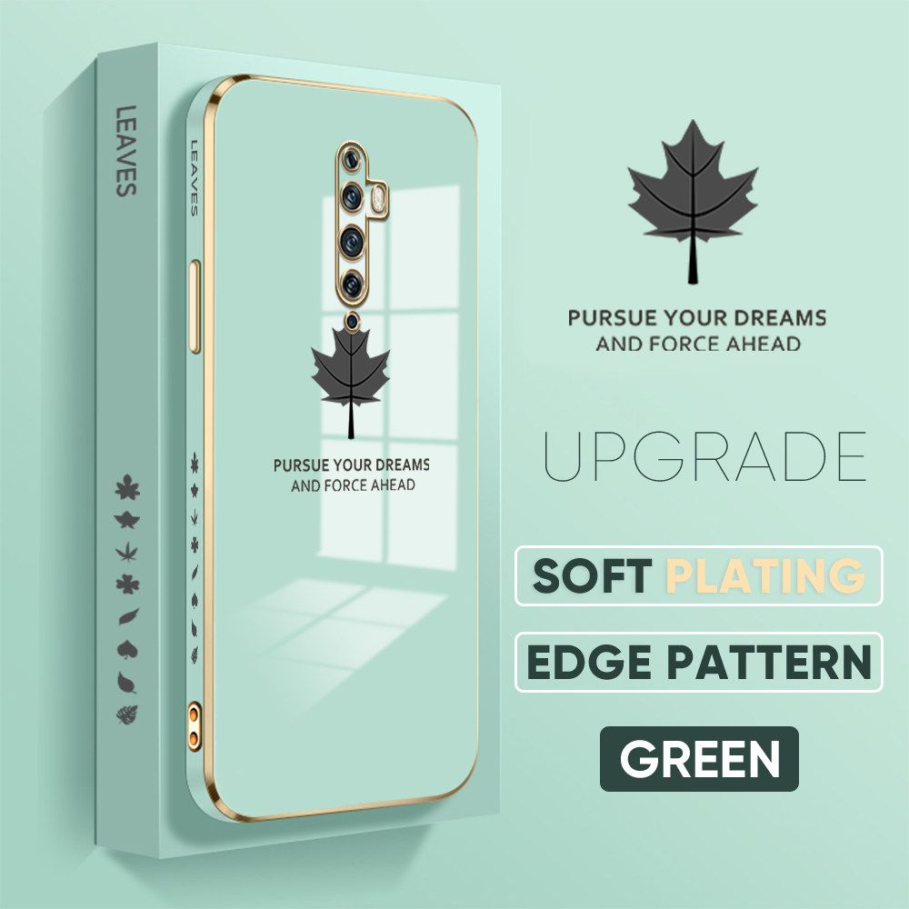 Jizetin (Free Lanyard) OPPO Reno2 Z Luxury 6D Plating Soft Casing Silicone Square Frame Phone Case Shiny Bling Back Cover Maple leaf New design Side Drawing Case