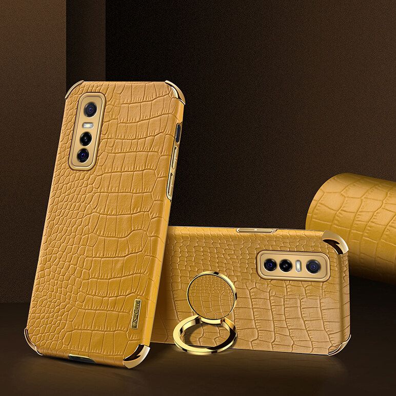 Luxury Plated Crocodile Pattern Leather Holder Phone Case For Vivo Y73s Magentic Car Ring Stand Cover
