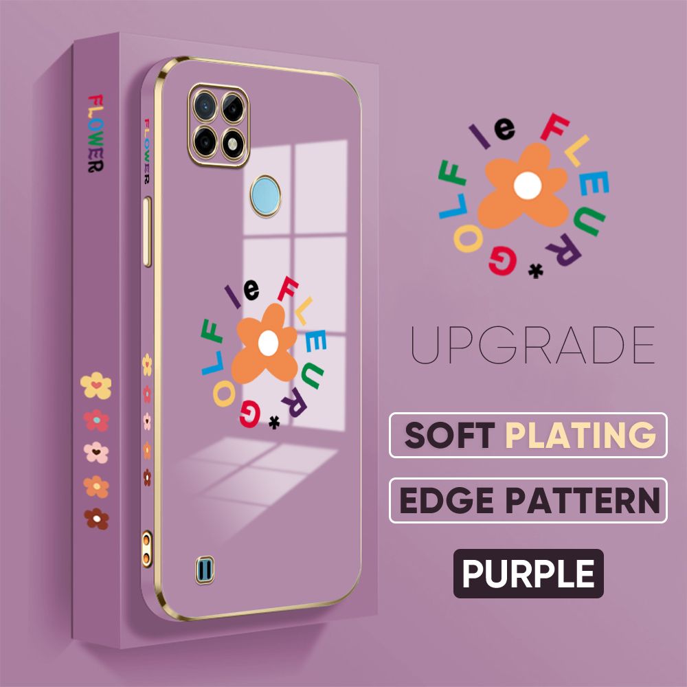 TA for Realme C21Y / Realme C25Y Back Cover Little Orange Blossom Luxury 6D Plating Case Side Pattern Soft Silicone Square Phone Case