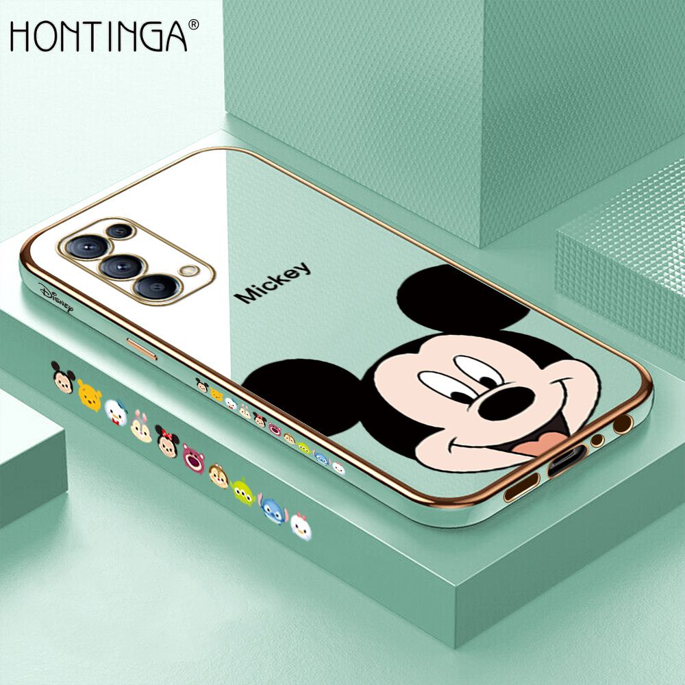 Hontinga for OPPO Reno5 5G Back Cover + Free Lanyard Luxury 6D Plating Cartoon Mouse Side Pattern Case Soft Silicone Square Mobile Cover