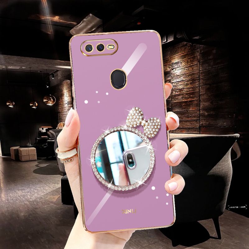 For OPPO A12 / A11k / A7 / A5S Back Cover + Bowknot Makeup Mirror Fashion Shiny Plating Square Bumper Bling Girls Phone Case Soft TPU Silicone Shockproof Back Cover