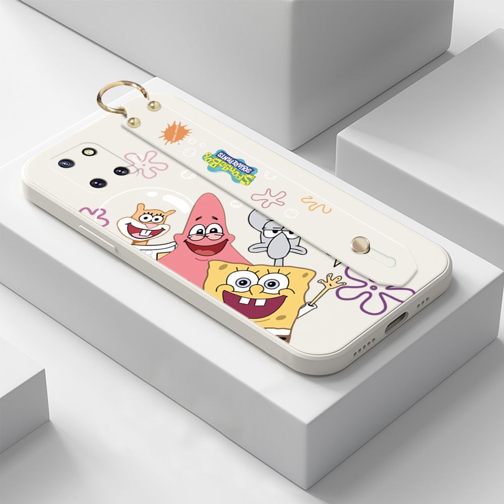 ZeroQiQi for Samsung Galaxy Note 10 Lite Wrist Strap Case Cute Cute Funny Cartoon Sponge for Square Pants Cover Square Edge Liquid Silicone Anti-drop Phone Case