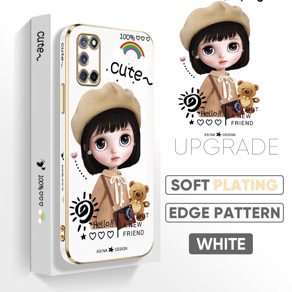 TA for OPPO A92 / A52 Back Cover + Free Lanyard Satchel Girl Luxury 6D Plating Case Side Pattern Soft Silicone Square Phone Cases