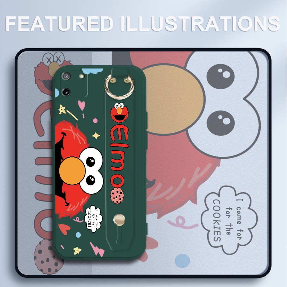 UCUC for Realme C11 Wrist Strap Case Creative Cartoon Red Haired Monster Cover Ultra Thin Anti Fall Liquid Silicone Phone Case