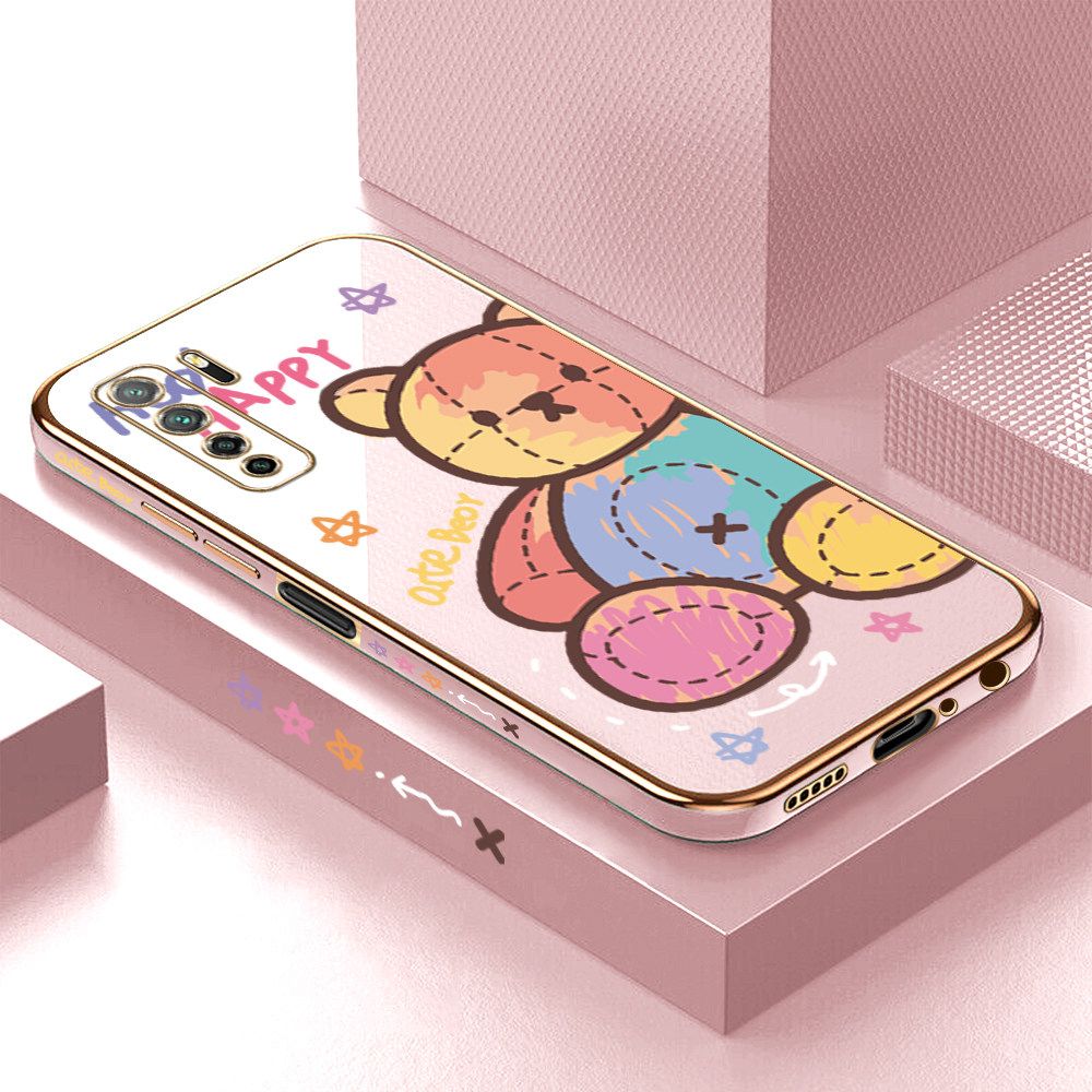 Luxury 6D Plating Case for Huawei Nova 7 SE Color Cartoon Doll Bear Side Pattern Back Cover Soft Silicone Square Frame Shiny Bling Phone Cases + Free Lanyard
