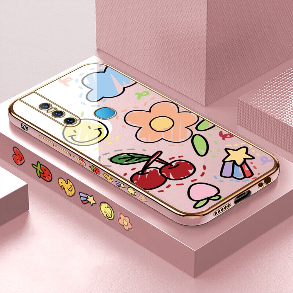 Luxury 6D Plating Case for Vivo V15 Color Cartoon cherry Peach Side Pattern Back Cover Soft Silicone Square Frame Shiny Bling Phone Cases + Free Lanyard