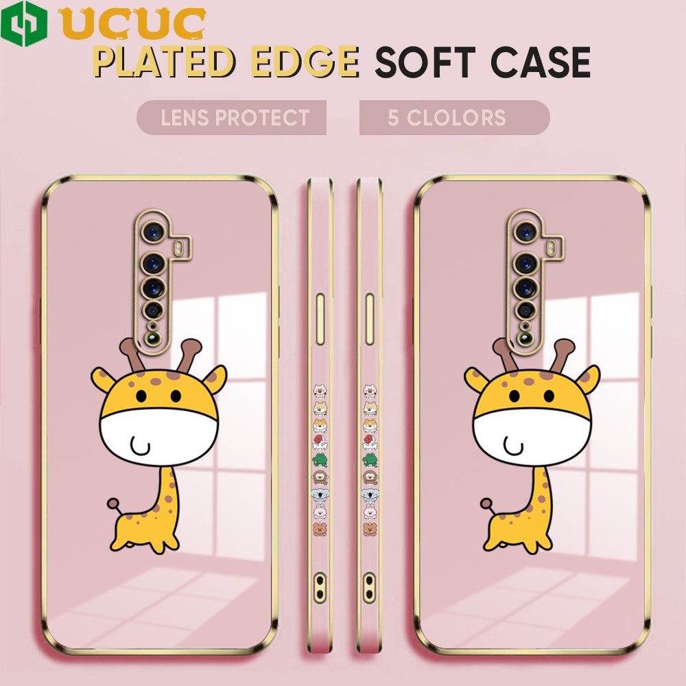 UCUC for OPPO Reno 2F 2Z Back Cover + Free Lanyard Big Head Giraffe Luxury 6D Plating Case Side Pattern Soft Silicone Square Phone Cases