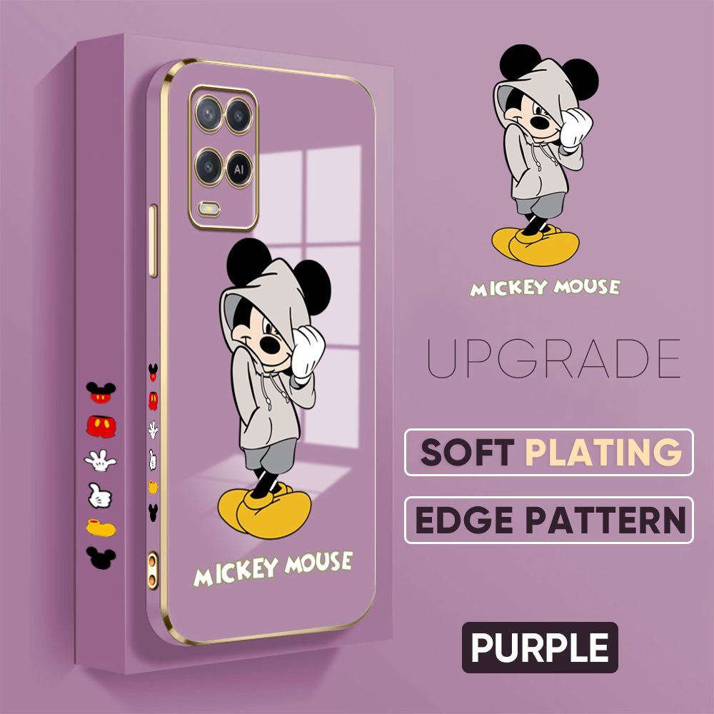 TA for OPPO A54 Back Cover + Free Lanyard Handsome Mouse Luxury 6D Plating Case Side Pattern Soft Silicone Square Phone Cases