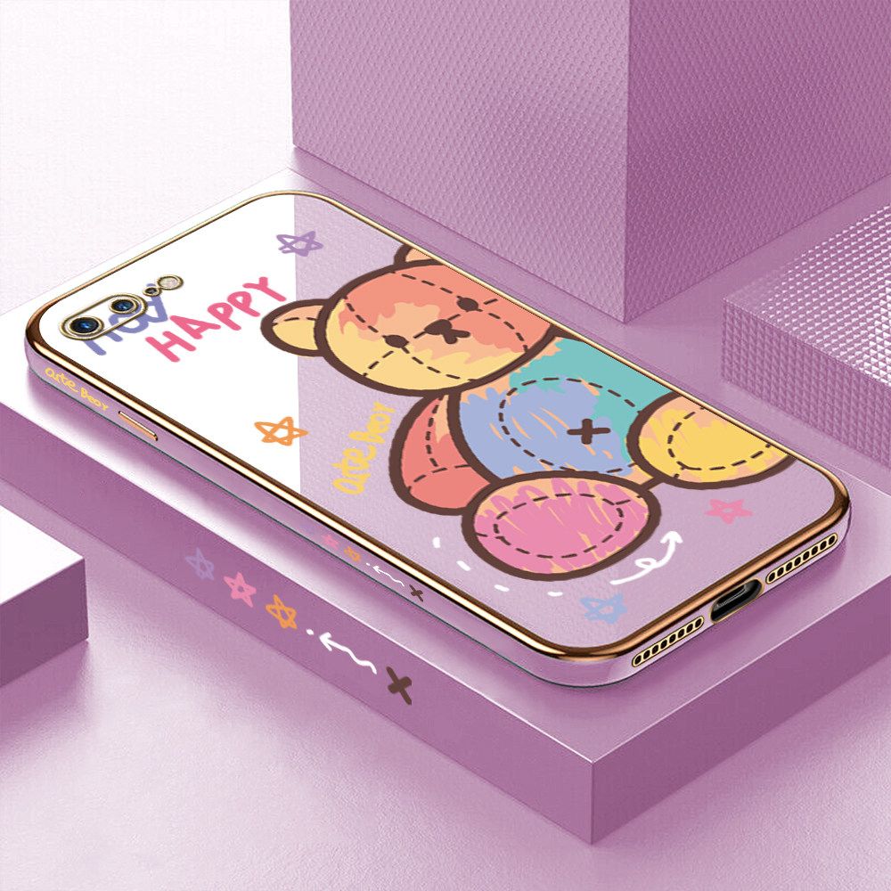 Luxury 6D Plating Case for iPhone 8 Plus Color Cartoon Doll Bear Side Pattern Back Cover Soft Silicone Square Frame Shiny Bling Phone Cases + Free Lanyard