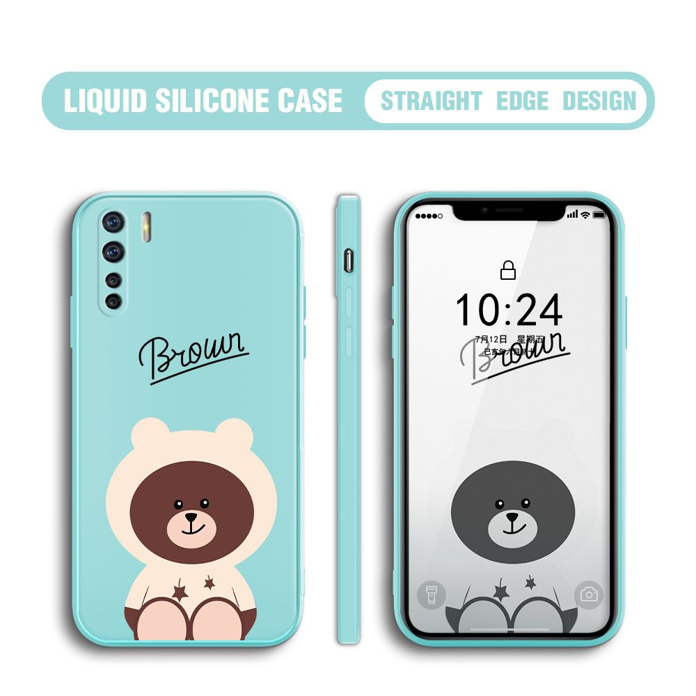 BILI for OPPO F15 / A91 / Reno3 4G Back Cover Brown Bear Multicolor Liquid Silicone Phone Case Soft Square Lens Protection Phone Cases