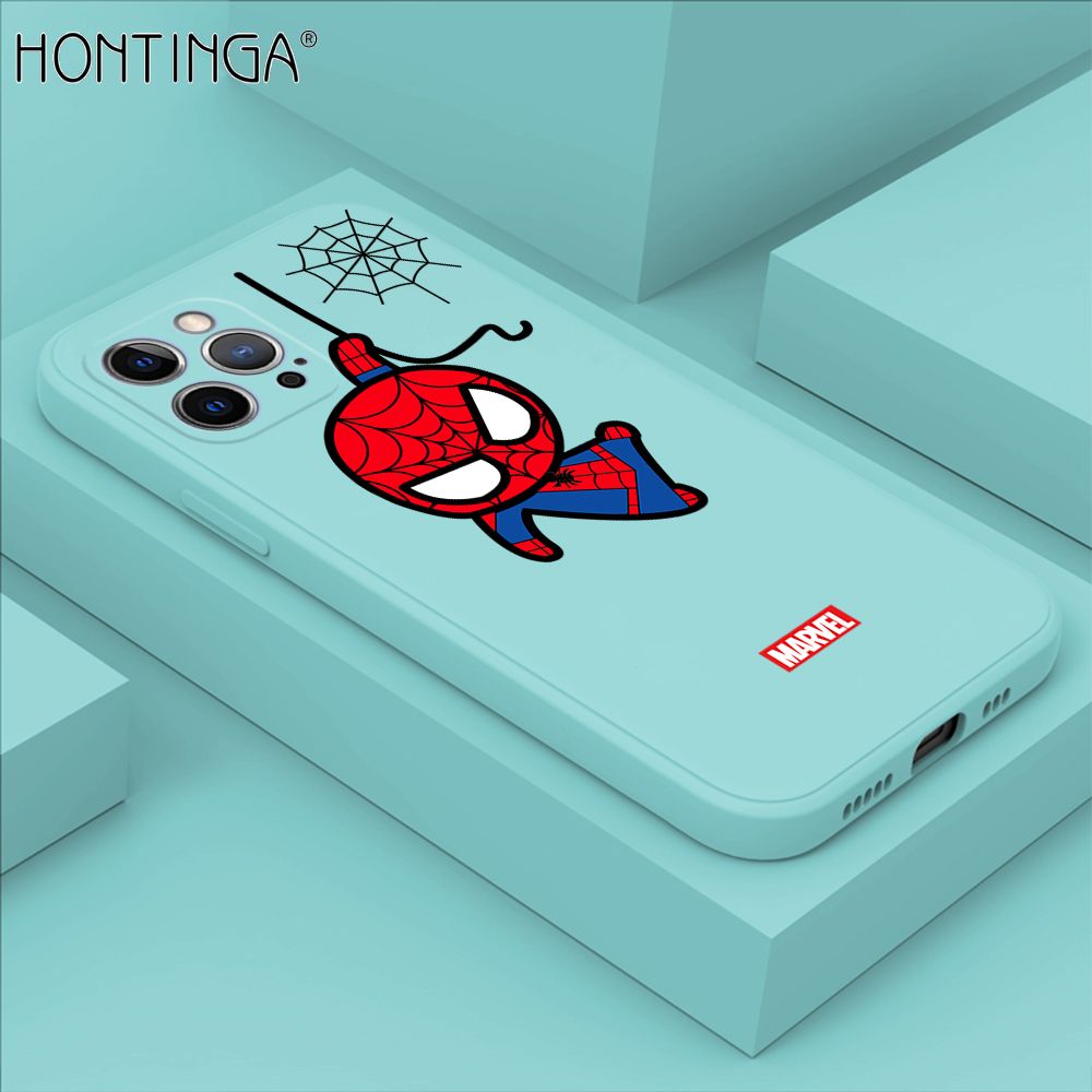 Hontinga for iPhone 12 Pro Case Cute Marvel Avengers Cartoon Spiderman Spider Man Phone Case Square Edge Silicone Cases Full Lens Cover Shockproof Protection Case