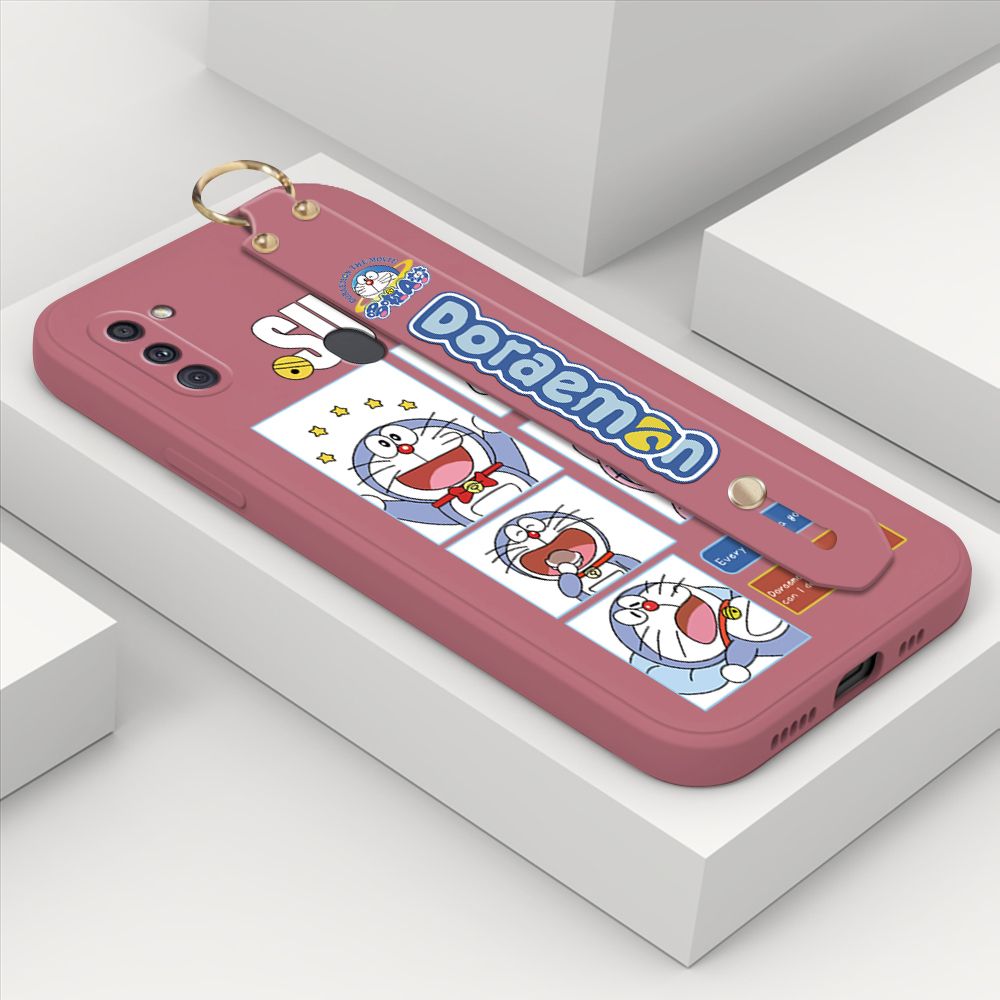ZeroQiQi for Samsung Galaxy A11 Wrist Strap Case Cute Cute Cartoon Blue Cat Daily Life Cover Square Edge Liquid Silicone Creative Phone Protective Cases