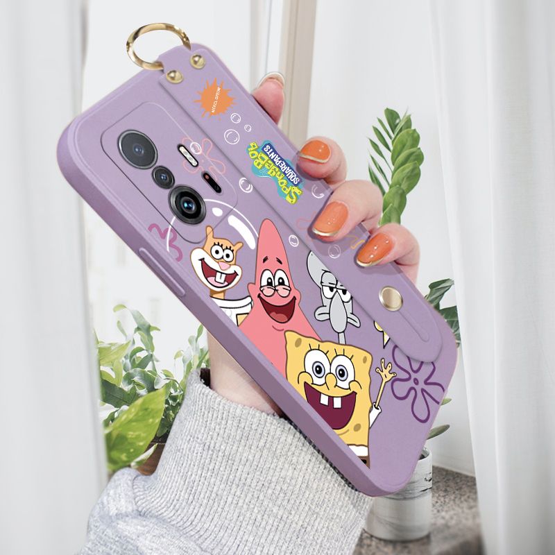 ZeroQiQi for Xiaomi 11T Pro Wrist Strap Case Cute Cute Funny Cartoon Sponge for Square Pants Cover Square Edge Liquid Silicone Anti-drop Phone Case