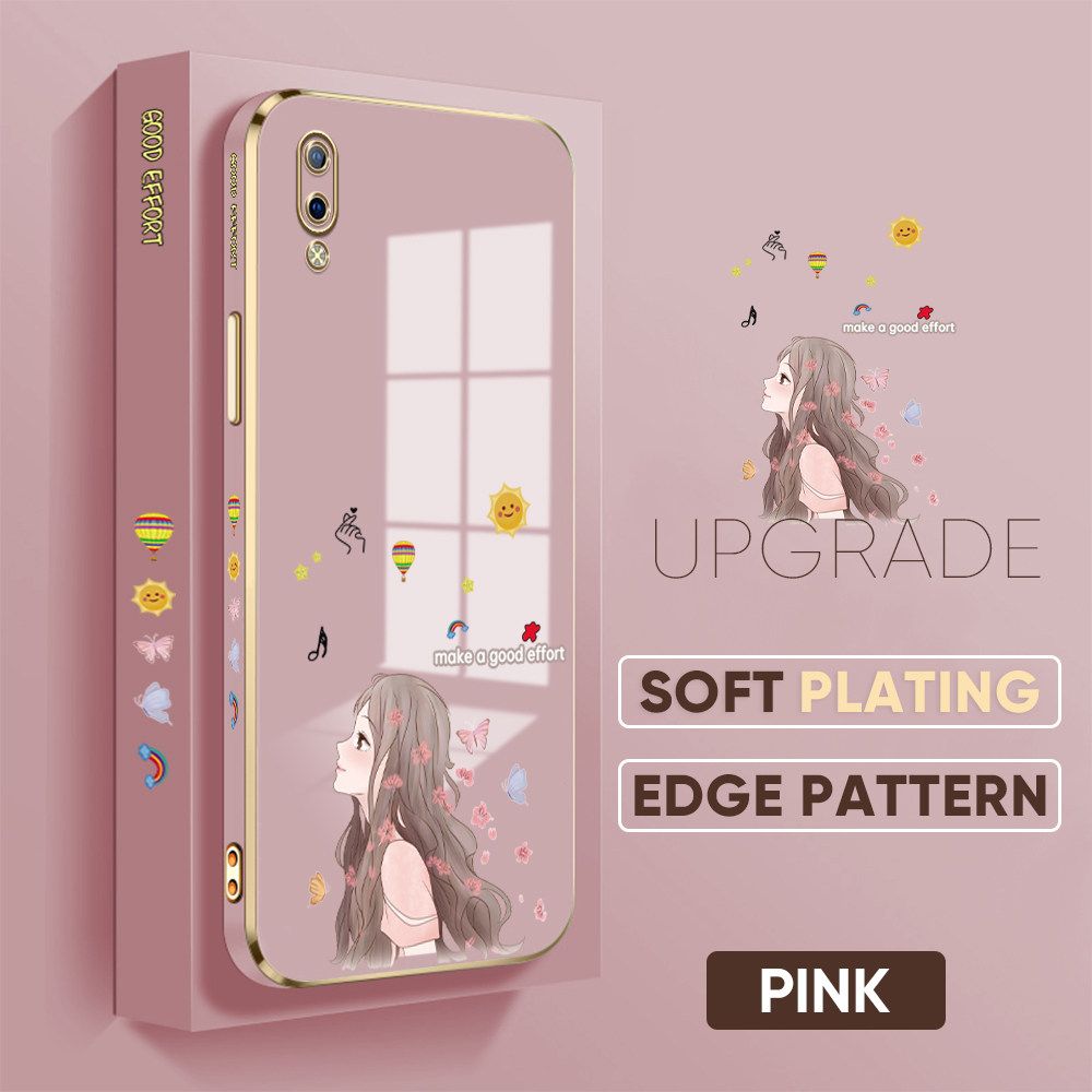 TA for Vivo Y93 Back Cover + Free Lanyard Charming Girl Luxury 6D Plating Case Side Pattern Soft Silicone Square Phone Cases