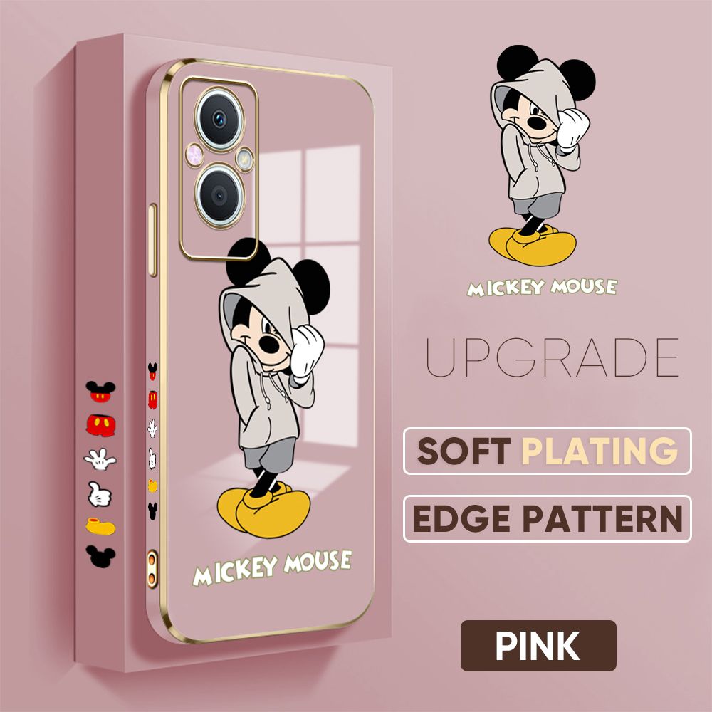 Jizetin (Free Lanyard) OPPO Reno7 Z 5G Back Cover Sweater Mouse Luxury 6D Plating Case Side Pattern Soft Silicone Square Phone Cases